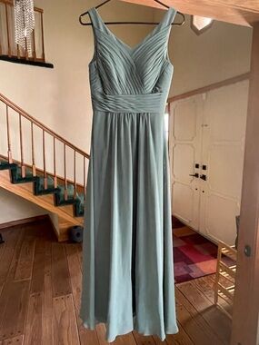 Azazie Sage Green Pleated V-Neck Chiffon Maxi Dress